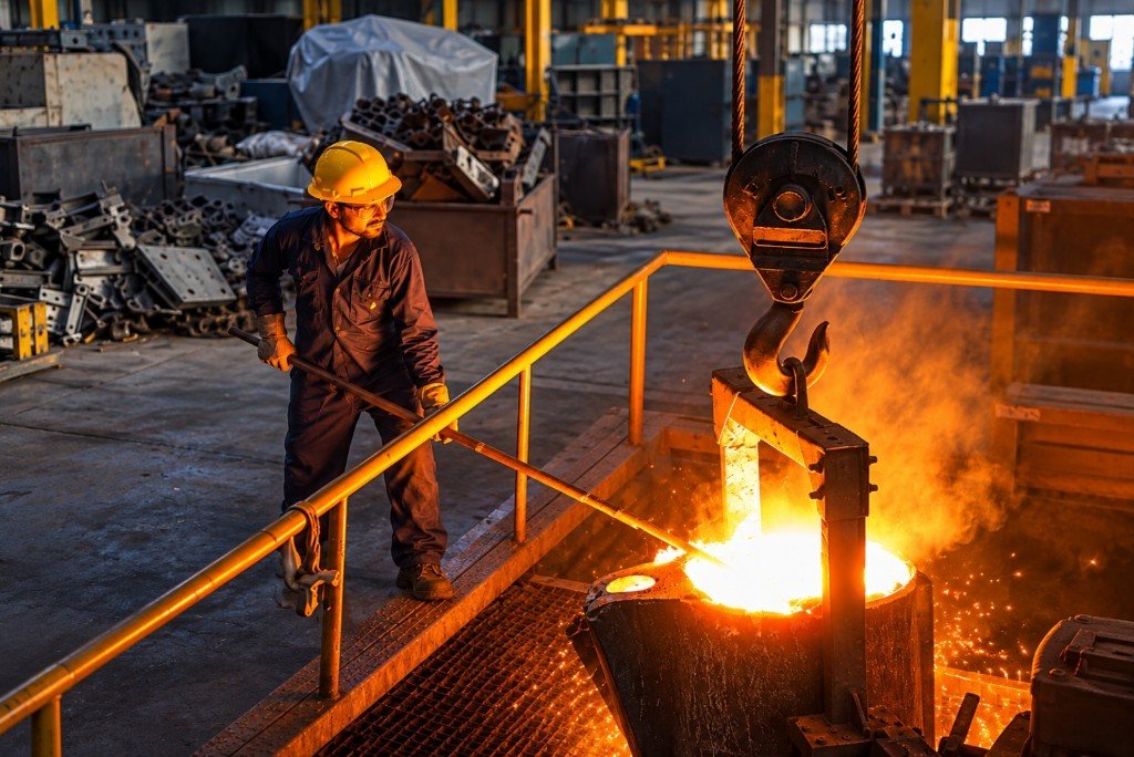 Foundry worker pouring molten metal at Chenab Engineering Works