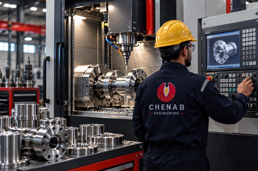 Chenab Engineering CNC operator at machine with CAD control screen