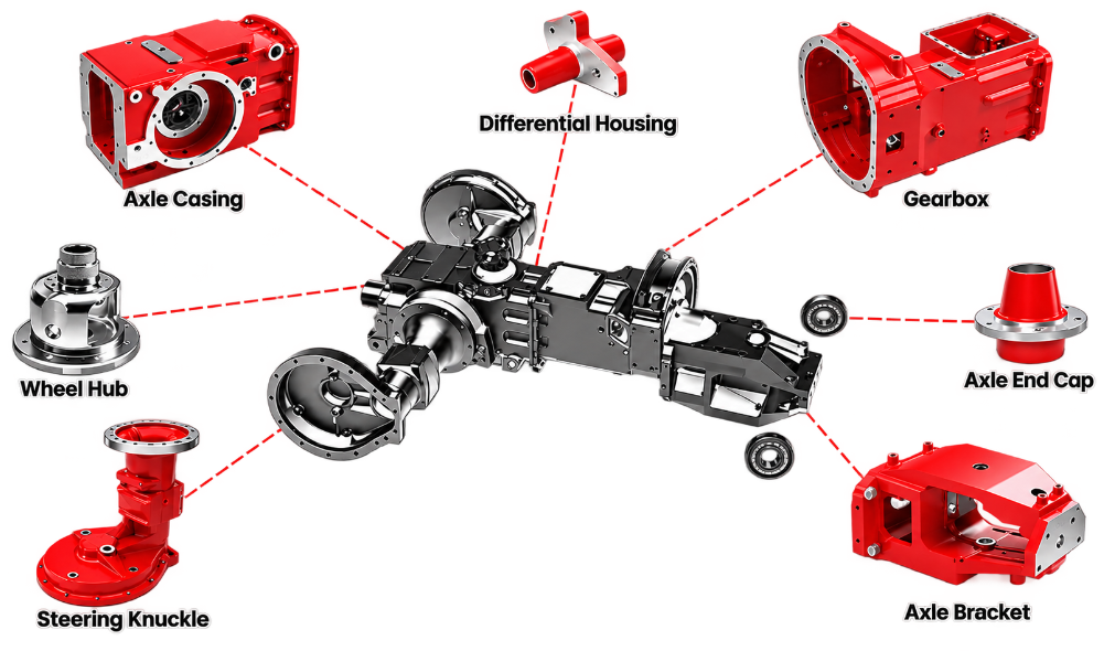 Tractor drivetrain parts — axle casing, gearbox, hub and related components