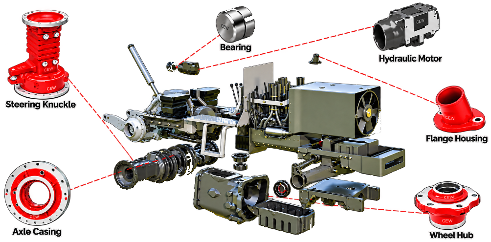 Tractor chassis parts — steering knuckle, axle casing, wheel hub and related components