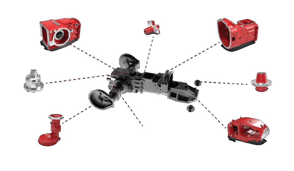 Al-Ghazi / CNH tractor parts exploded view — axle casing, gearbox, hub and related cast components