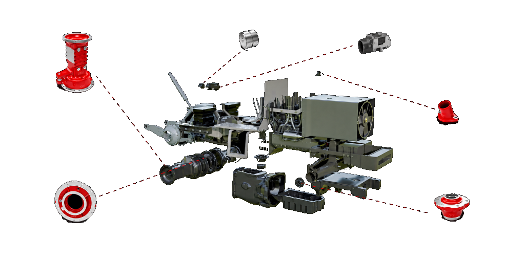 Tractor chassis and drivetrain parts exploded view — axle housing, hub, differential plate