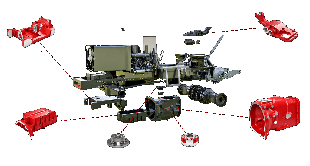Massey Ferguson tractor components exploded view — front support, transmission, differential cases