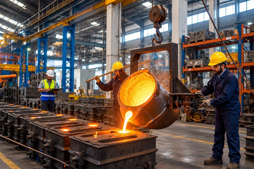 Foundry team pouring molten metal into moulds at Chenab Engineering Works