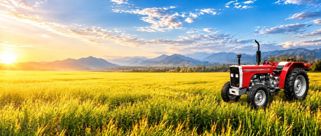 Red tractor in a golden wheat field at sunset