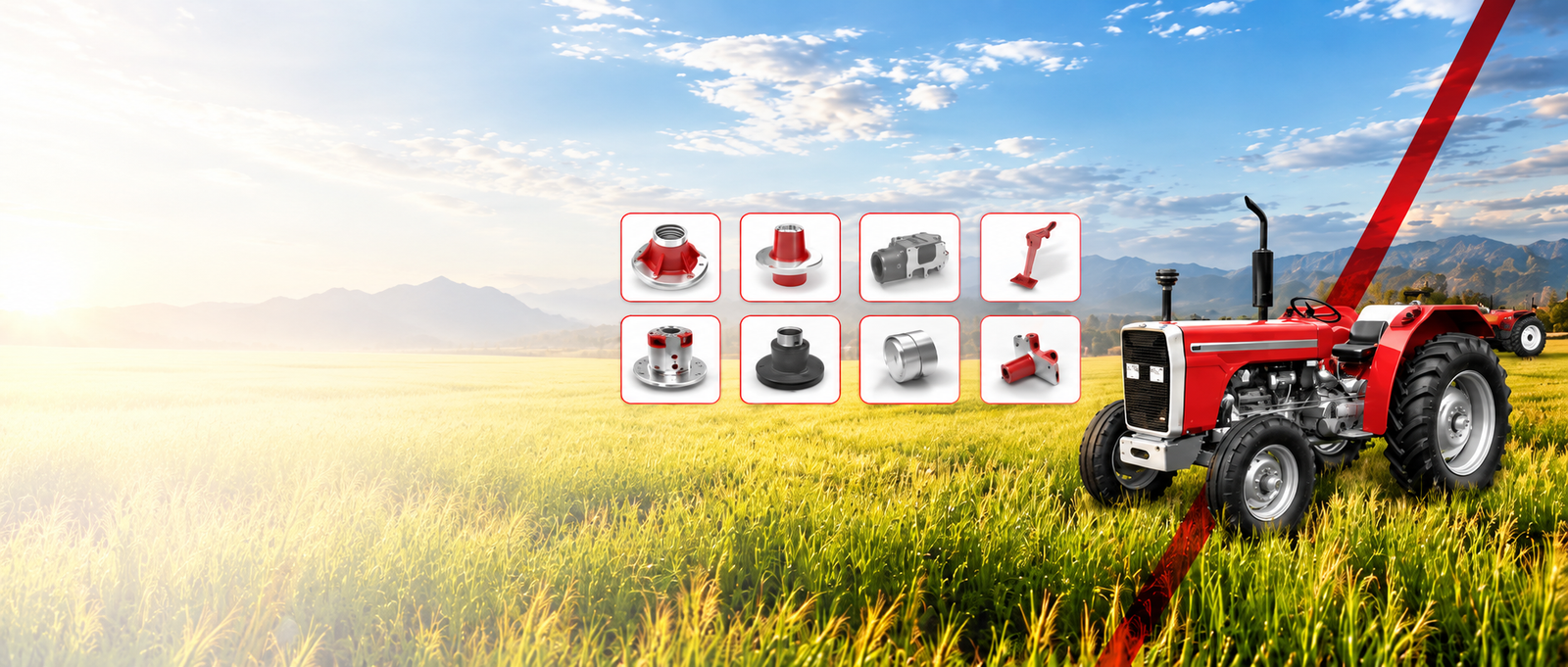Red tractor and precision cast iron components displayed in a field