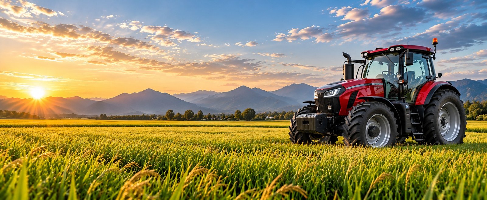 Red tractor in a golden wheat field at sunset with mountains