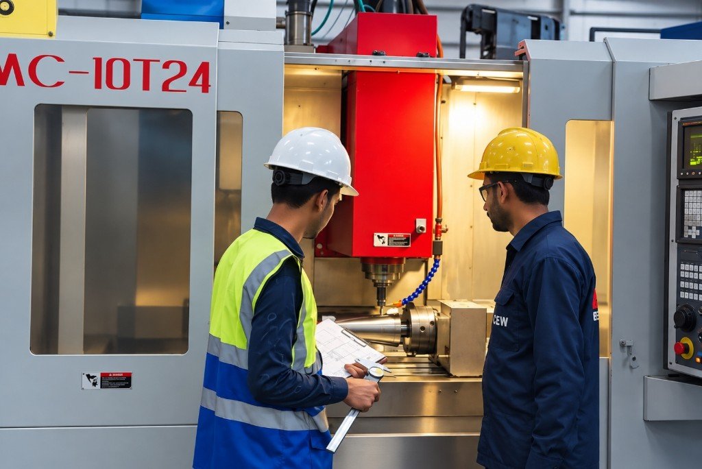 CEW team inspecting CNC machining at MC-10T24, Chenab Engineering Works