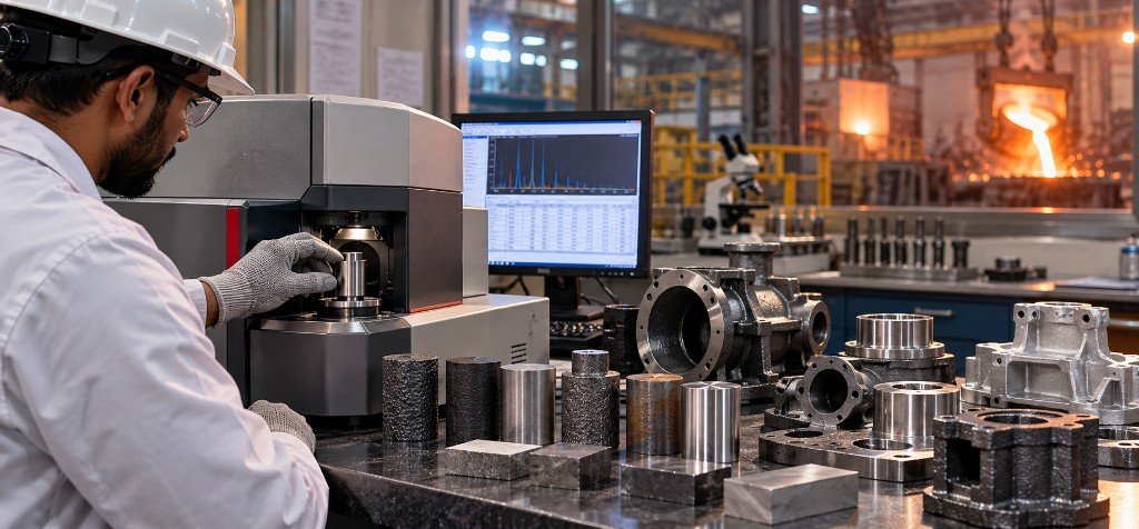 In-house metallurgy lab — material testing beside the foundry floor